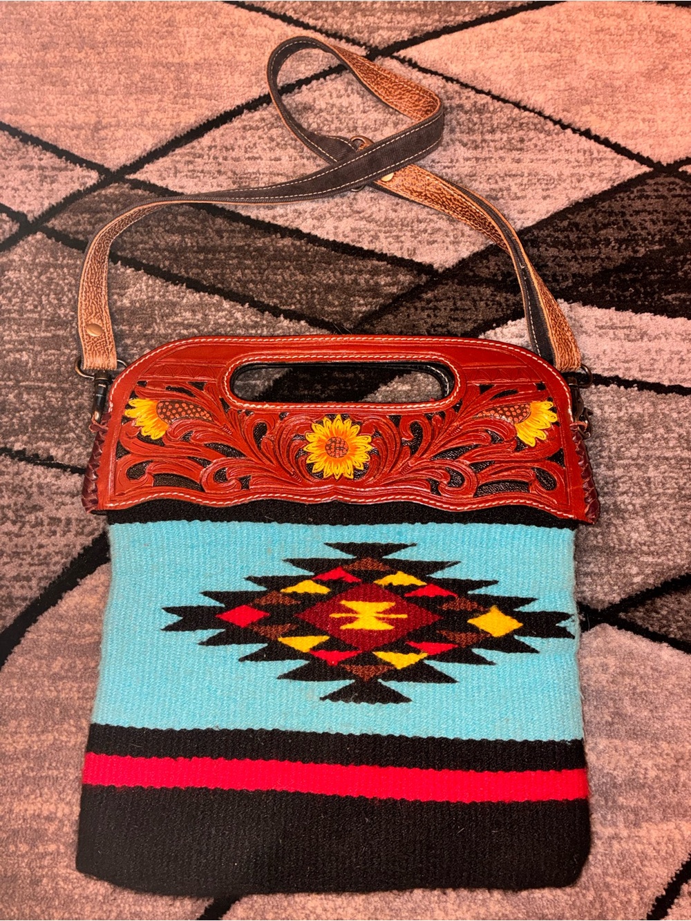 Turquoise Southwestern Woven Crossbody with Tooled Brown Leather Top